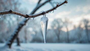 Ice Sculpture Hanging From Tree Branch in Snowy Winter Landscape photo