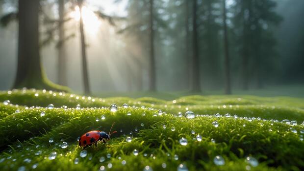 Ladybug Walking on Moss with Dewdrops in a Peaceful Forest photo