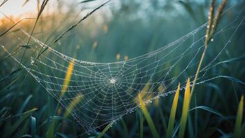 Spiderweb with Dewdrops on Grass Blades at Sunrise in Meadow photo