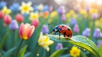 Ladybug Resting on Dewy Leaf in Blooming Flower Garden photo