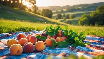 Peaches and Mint on Blanket in Sunny Field, Summer Picnic photo