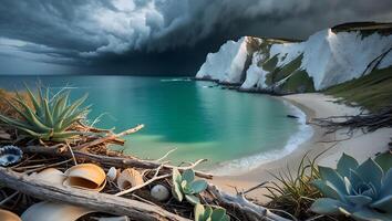 Coastal Beach with Dramatic Sky Sea Shells and White Cliffs Scenery photo