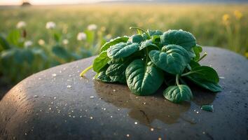 Fresh Spinach with Water Droplets on Stone in Outdoor Setting photo