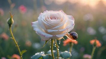 Snail Crawling on Rose with Dew Drops in Gentle Sunlight photo