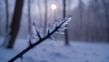 Iced Branch in Winter Forest with Snow and Foggy Backlight photo