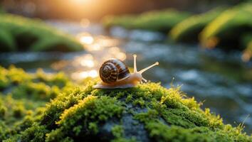Snail on Mossy Rock Near Stream at Sunset with Sunlight photo
