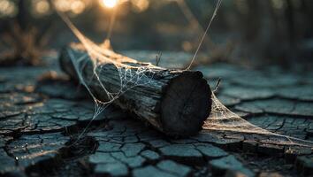 Decaying Log with Spiderweb on Cracked Earth at Golden Hour photo
