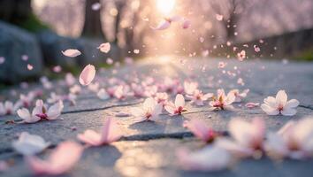 Scattered Blossom Petals Falling on Pathway During Springtime Sunlight photo