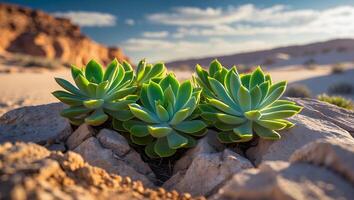 Succulent Plants Growing on Rock Formation in Desert Landscape photo