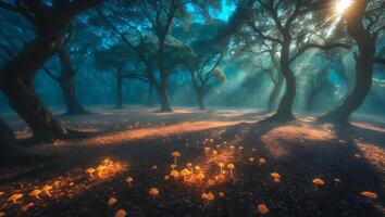 Exploring Mystical Forest Floor with Glowing Mushrooms at Sunrise photo