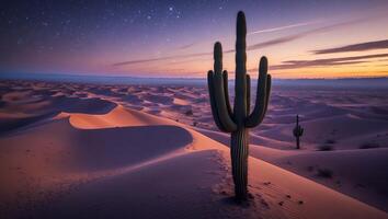 Cactus Standing Tall in Desert Landscape at Dusk with Starry Sky photo