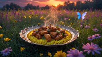 Serving Chicken and Rice on Decorative Plate in Meadow at Sunset photo