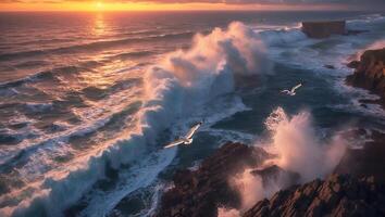Ocean Waves Crashing on Rocky Coastline with Birds at Sunset photo
