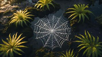 Spiderweb with Dew Drops Among Fern Plants in a Wetland Area photo
