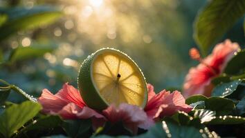 Lime Half on Flower in Sunlight with Water Droplets photo