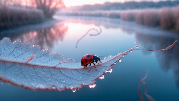 mariquita descansando en hoja borde con Rocío gotas y río ver foto