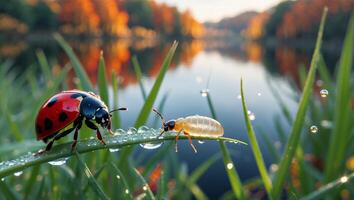 Ladybug and Beetle Meeting on Dewy Grass by Still Lakeside Trees photo