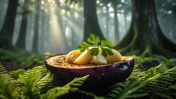 Cooked Eggplant with Garlic Cloves and Parsley in Forest Setting photo