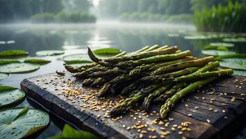 Grilled Asparagus Spears on Wood Board Floating on a Misty Lake photo
