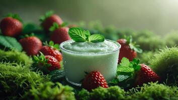 Serving of Green Dessert with Strawberries and Mint Leaves on Moss photo