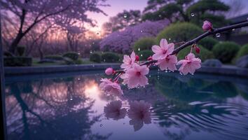 Cherry Blossom Branch Reflected in Calm Pond Water at Twilight photo