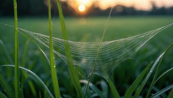 Spiderweb Strung Across Grass Blades at Sunrise with Dewdrops photo
