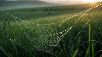 Spiderweb Covered in Dew Drops Hanging in a Grassy Field photo