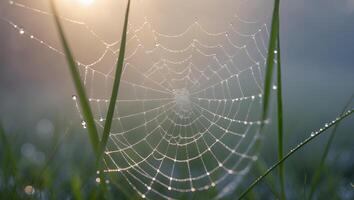 Spiderweb Covered in Dewdrops at Dawn in a Grassy Meadow photo