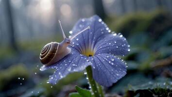 Snail Crawling on Blue Flower with Water Droplets in Misty Forest photo