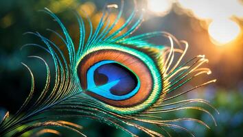 Close-up of Peacock Feather with Iridescent Colors and Natural Light photo