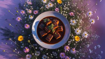Tofu in Sauce Served with Colorful Daisies Around a Plate photo