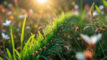 Ants Walking on Green Grass Blade in a Sunny Meadow photo