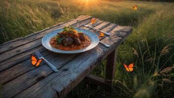 Served Meat Dish on Rustic Table at Sunset in a Meadow photo