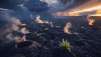 Surreal Volcanic Landscape with Steam Vents and Emerging Greenery at Sunset photo