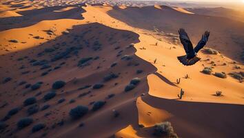 Eagle Soaring Above Sand Dunes at Sunset in a Desert Landscape photo