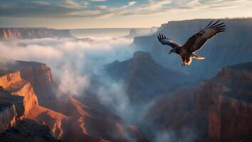 Eagle Soaring Over a Misty Canyon Landscape at Sunrise Golden Hour photo