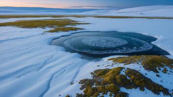 Melting Ice Forming Circle in Frozen Landscape Under Pale Sky photo