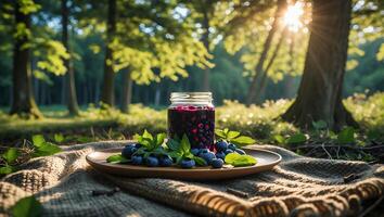 Blueberry Preserves on Plate in Forest Setting with Sunlight photo