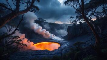 Glowing Lava Lake Surrounded by Forest at Dusk Creating Steam photo