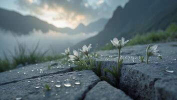 Flowers on rocks in the mountains with water droplets photo