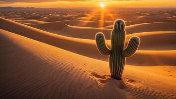 Cactus Stands Alone in Vast Desert Landscape at Glowing Sunset photo