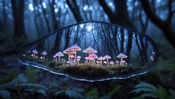 Magical Glowing Mushrooms Growing in Glass Capsule Within Dark Forest photo