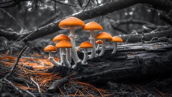 Orange Mushrooms Growing on a Fallen Log in the Forest photo