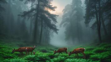 Deer Grazing in Misty Forest Landscape with Ferns and Tall Trees photo