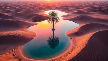 Palm Tree Oasis in Desert at Sunset with Water Reflection photo