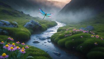 Dragonfly Flying Over Mountain Stream with Wildflowers and Misty Valley photo