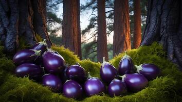 Eggplants Gathering on Moss in Forest Clearing, Natural Still Life photo