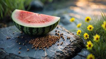 A slice of watermelon and seeds on a rock photo