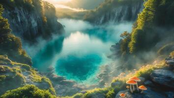 Turquoise Lake Surrounded by Cliffs and Misty Forest Landscape photo
