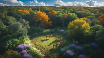 Deer Herd Standing in a Forest Glade with Autumn Colors photo